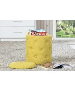POUFF CONTENITORE IN TESSUTO GIALLO CHIARO TRAPUNTATO, 34X34X40 CM